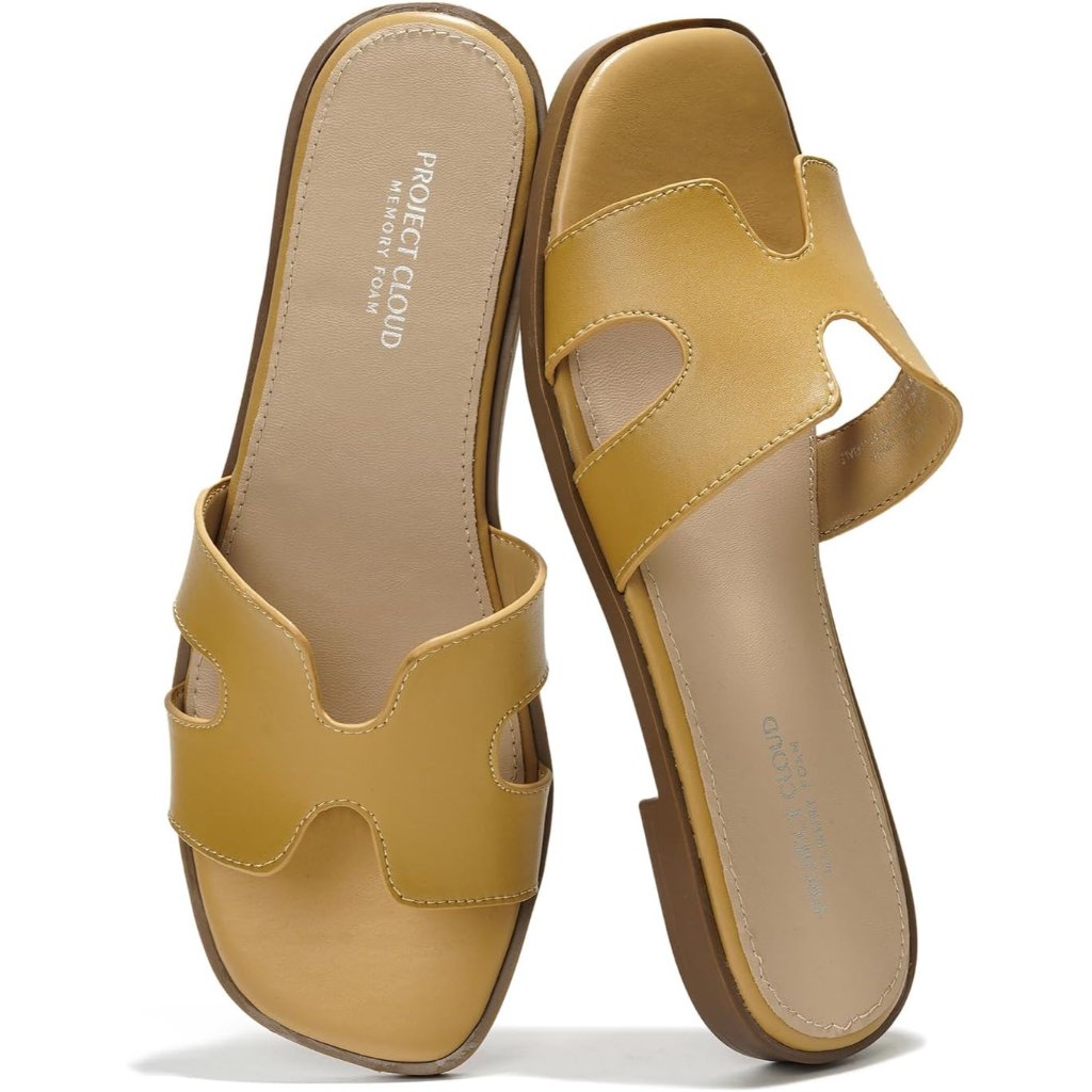 Women's Nude Genuine Leather Fashion Flat Sandals Memory Foam Insole Slip On